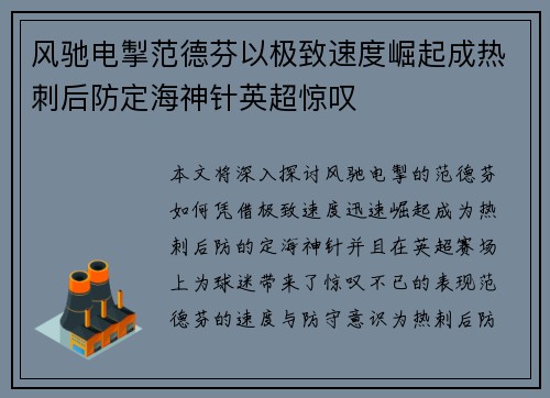 风驰电掣范德芬以极致速度崛起成热刺后防定海神针英超惊叹